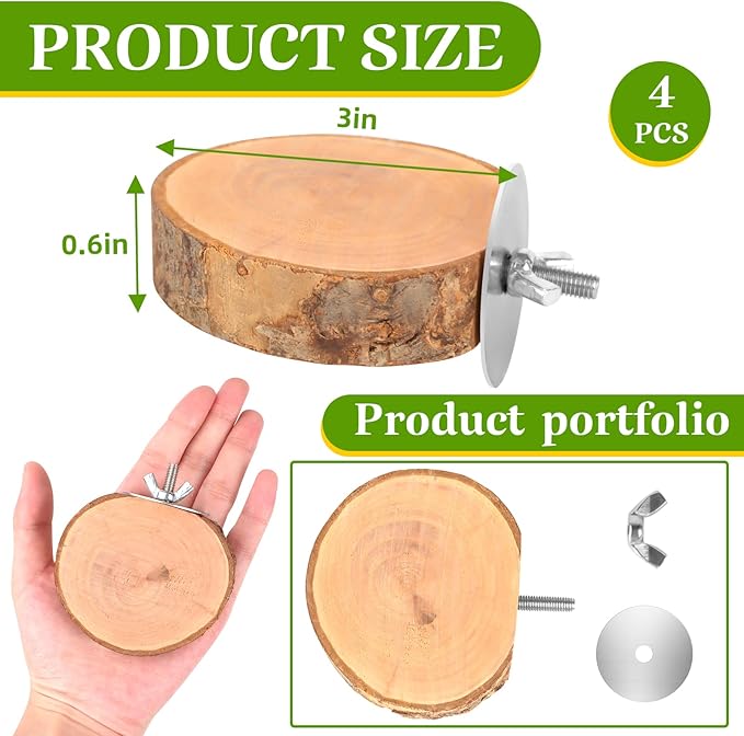 4PCS Natural Wood Round Bird Perch Platform for Cage - Parrot Perch Stand for Conures, Cockatiels, Budgies, Lovebirds, Parrotlets, Small Bird Cage Accessories