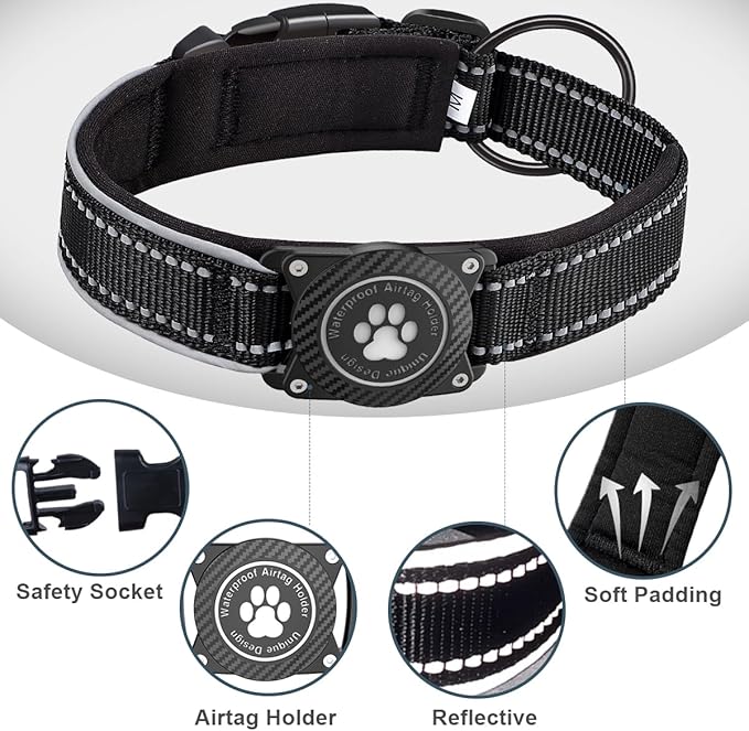 Airtag Dog Collar with Waterproof Air Tag Holder, Luminous Reflective, Soft Padded, Adjustable Nylon Pet Collar for Small Medium Large Heavy Duty Dogs,Black, S