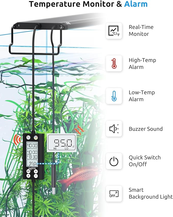 SEAOURA Aquarium Light with Temp Alarm, 36-42in Full Spectrum LED Lights, 24/7 Programmable with Power Off Memory, WRGB Custom, 20 Level Dimmable Brightness for Freshwater Fish Tanks