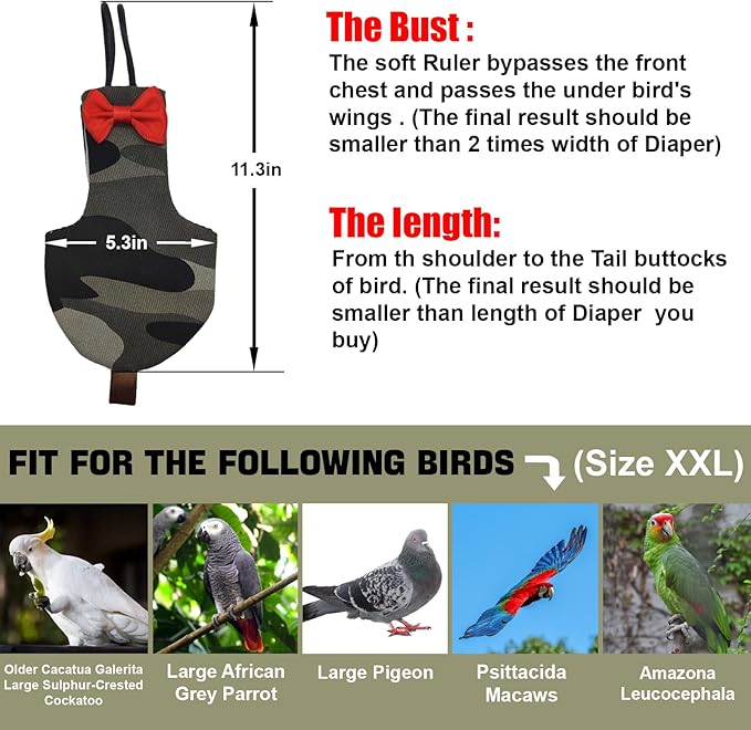 Bird Diaper Washable Reusable Parrot Flight Suit Nappies Protective Breathable Parrot Nappy Clothes for Parakeet, Macaw, Budgie, Canary, Cockatiel (Camouflage, XXL)