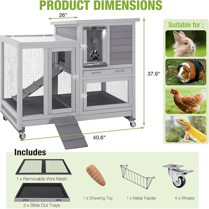 GUTINNEEN 2-Story Rabbit Hutch Bunny Cage with Chew-Proof Ramp & Pull-Out Trays - Indoor/Outdoor 40.6" Wooden Rabbit Cage on Wheels for Rabbits, Guinea Pigs