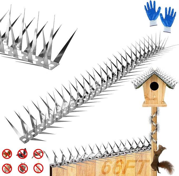 Bird Spikes 65 FT Stainless Steel Bird Deterrent, Snake and Raccoon Deterrent, Squirrel Baffles for Bird Feeders, Anti Climb Spikes, Prevent Squirrels from Stealing The Bird Food