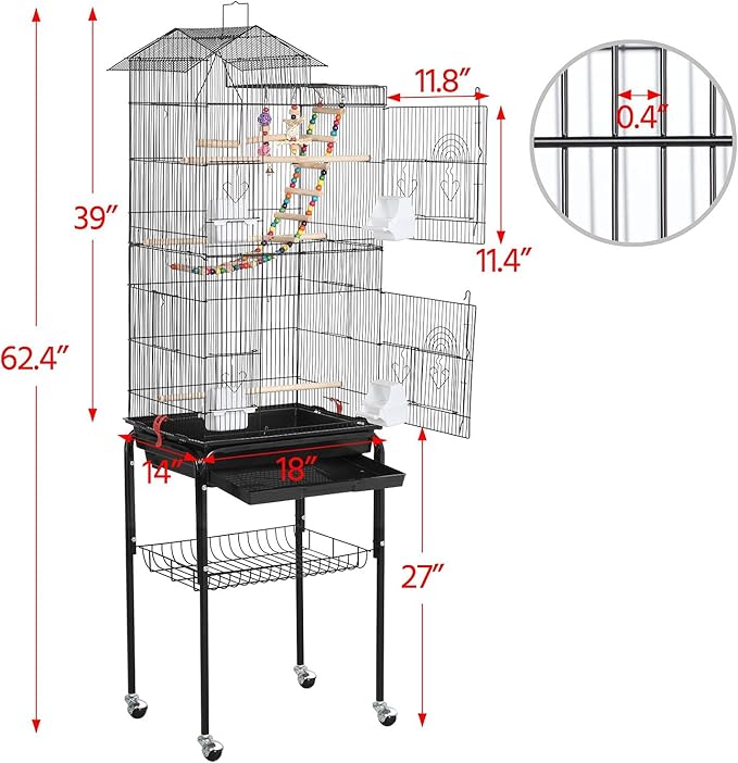 Yaheetech Bird Cage 64'' Medium Small Parrot Parakeet Bird Cages with Detachable Rolling Stand for Parrot Lovebirds Finches Parakeets Budgie Parrotlet Conures, Pet Flight Birdcage