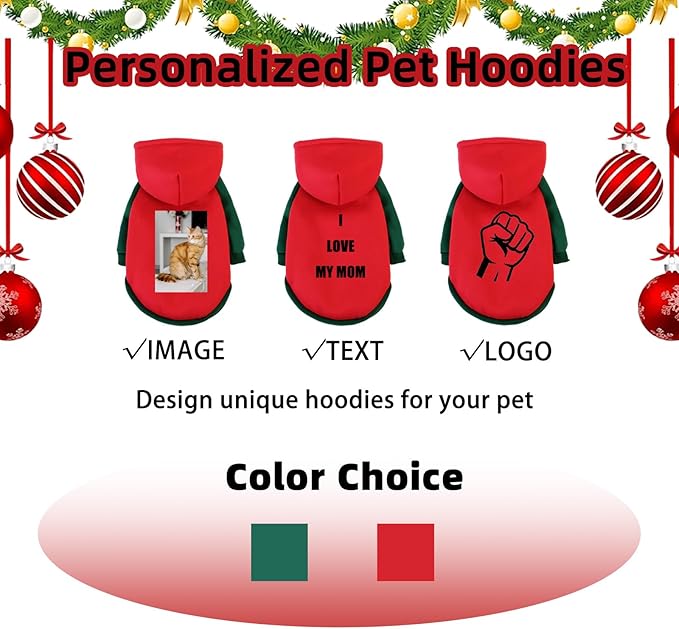 Custom Dog Hoodie, Personalized Sweatshirt with Photo Text Name Logo, Customized Hooded Sweater for Small Medium Large Dogs & Cats (Red + Green Border, XXX-Large)