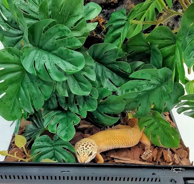 Reptile Plants for Terrarium Decor, Amphibian Habitat Decor, Snake Tank Accessories, Artificial Hanging Plants with Suction Cup-2 Packs (Fake Monstera)