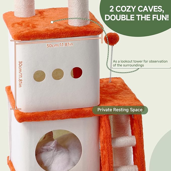 37.4-inch Cat Tree, Cat Tree Tower with Twin Cat Condos for Indoor Cats, Plush Cat House with Padded Perch, Scratching Ladder and Posts and Plush Balls for Kitty Play, Orange