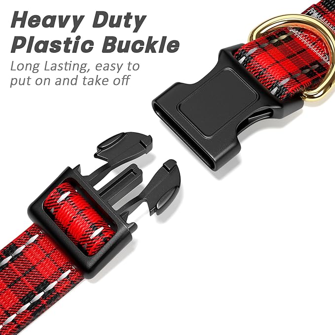 Reflective Dog Collar for Medium Dogs, Cute Boho Adjustable Heavy-Duty Nylon Puppy Collar for Boy and Girl Female, Soft Pet Accessories with Quick Release Buckle, Black Red Tartan