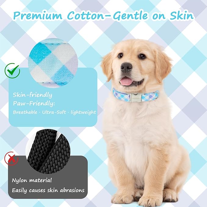 Cotton Collar for Dog，Soft Adjustable Dog Collars for Extral Small Dogs, Cute Dog Collar with Blue & White Plaid for Small Medium Large Dogs, Perfect for Girl or Boy Dog Collars-XS