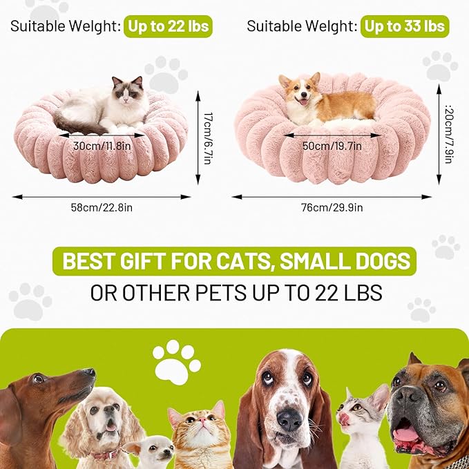 Cloudsoft Flower Cat Bed and Dog Bed, Washable Plush Pet Bed with Non-Slip Water-Resistant Bottom, Faux Furfor Cats & Small Dogs Up to 33 lbs, 29.9"x29.9" (Pink)