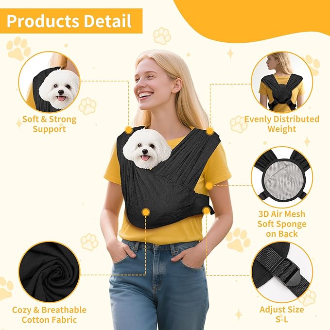 Dog Carrier Sling, Pet Carry Slings Front Pack, Adjustable Dog Carriers for Small Dogs, Portable Pet Carrier for Dogs, Dog Backpack Carrier (Black)