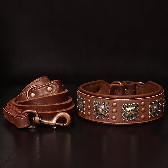 PET ARTIST Upgrade Padded Leather Dog Collar, 2 inch Wide Genuine Leather Dog Collars with Strong Studded Rivet & Metal Buckle, Adjustable Large Dog Collar for Pit Bull Doberman,Brown,Neck 19-22"