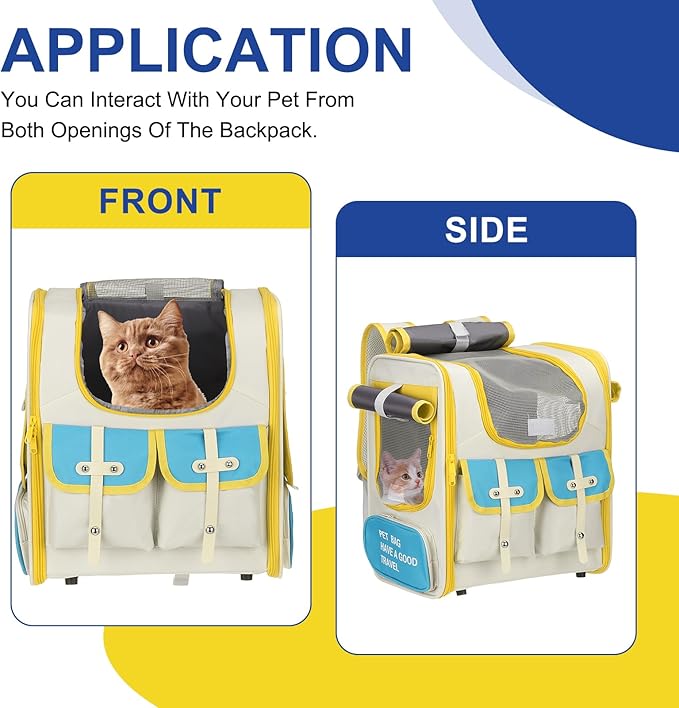 Pet Backpack Carrier, Portable and Ventilated, Oxford Cloth, Dogs Cats and Small Animals Travel Bag 13.39", (Beige, Yellow, Blue, 1 Pcs), Intended for Hiking/Camping/Traveling