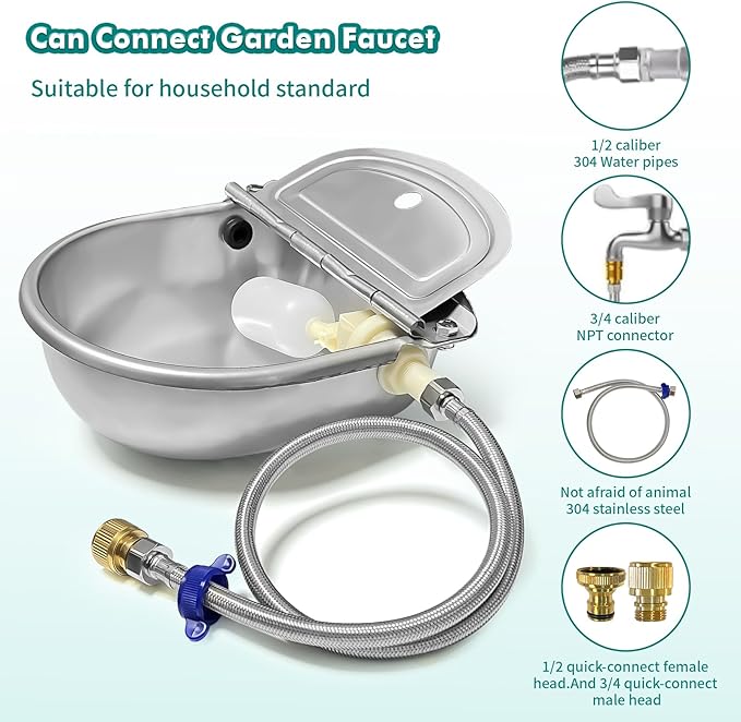 Automatic Water Dispenser for Dogs, Automatic Horse Waterer Bowl with 2 Float Valve,304 Stainless Steel auto self Filling Dog Water Bowl Dispenser Outdoor Livestock Water Bowl Kit for Chicken