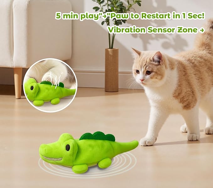Interactive Cat Toys for Indoor Cats - Self-Charging Croc Chase Toy with 360° Motion, Wagging Tail & Catnip, Automatic Exercise Toy for Bored Kittens/Adults(Smooth Fur)
