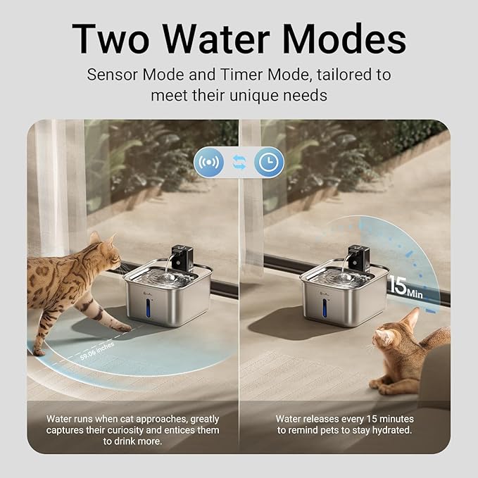 DownyPaws Cat Water Fountain Stainless Steel Wireless, 101 oz/3L FurSink Cordless Water Fountain for Cats, Battery Operated Cat Fountains for Drinking with Motion Sensor, Easy Clean, Metal
