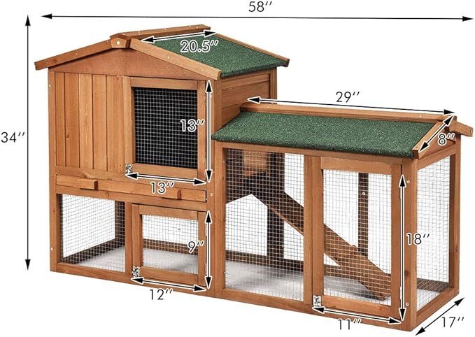 Tangkula Rabbit Hutch Indoor and Outdoor, 58-Inch Bunny Cage with Removable Tray & Ramp, Wood Chicken Coop with Waterproof Roof for Rabbits, Chicken and Guinea Pigs