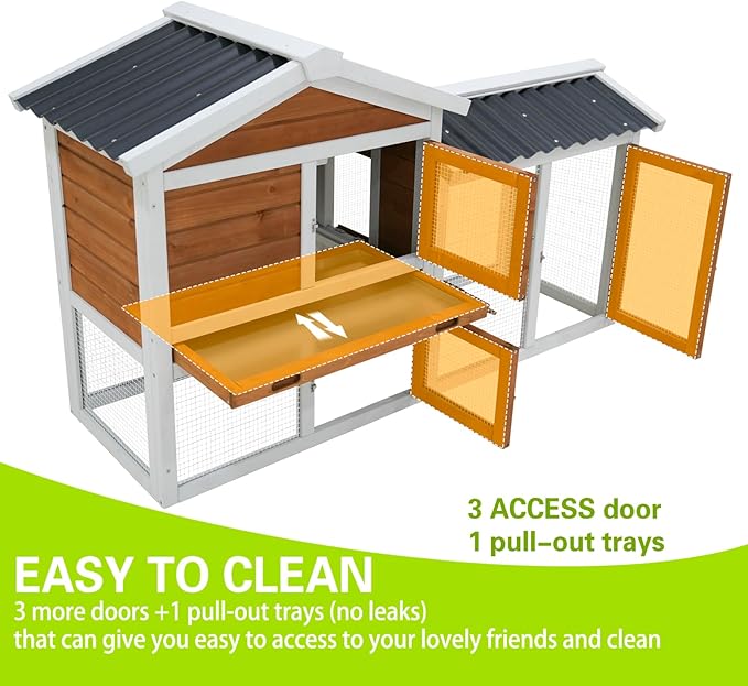 58" Wooden Outdoor Indoor Roof Waterproof Bunny Hutch Rabbit Cage Guinea Pig Coop PET House for Small to Medium Animals with Stairs and Cleaning Tray