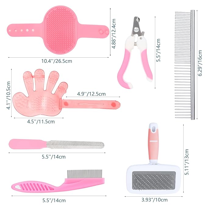 Rabbit and Small Pet Grooming Kit - Slicker Brush, Massage Glove, Nail Clipper, Flea Comb, Double-Sided Brush for Rabbits, Guinea Pigs, Hamsters (Pink)