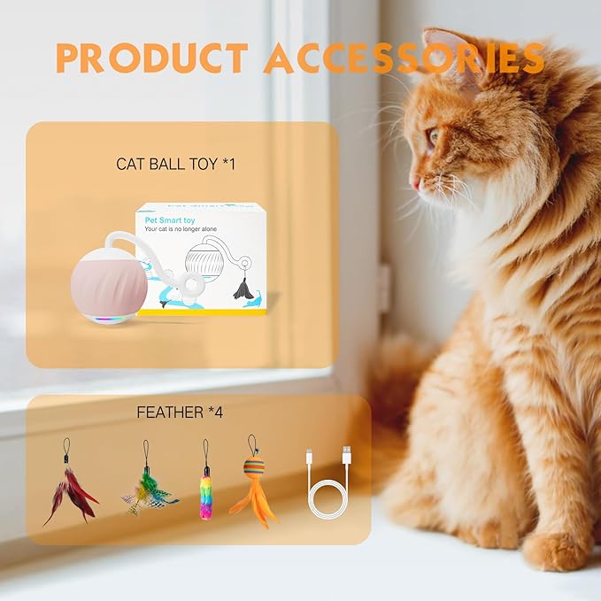 Interactive Cat Toys Ball - Electric Automatic Toys for Indoor Cats, LED Lights and Toys Feather Tail with Sound Activated and Touch, USB Rechargeable, 2peeds Mode for Bored Kittens/Adult Cats