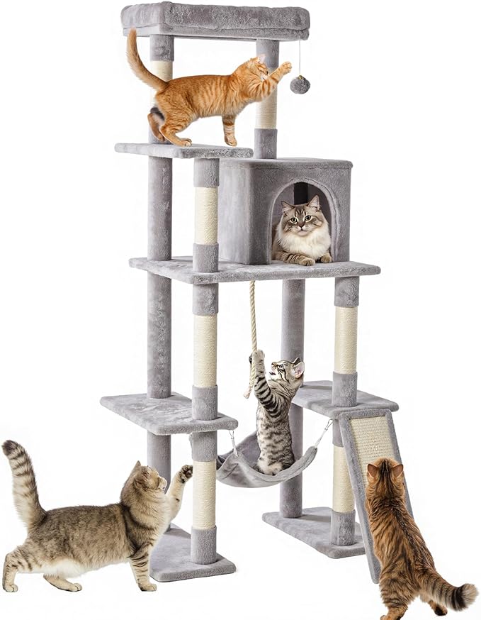 Large Cat Tree 63 Inch, Multi-Level Tall Cat Tree Tower with Condo, Perch, Sisal Scratching Posts Board and Hammock, Pet Play House with Dangling Balls for Indoor Cats, Light Grey