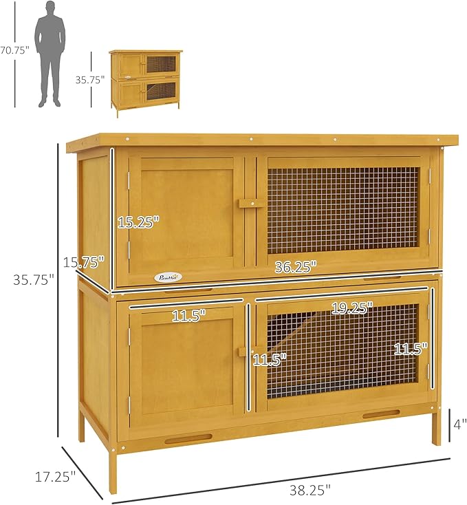 PawHut Wooden Bunny Rabbit Hutch, Small Animal Habitat with Ramp, Removable Tray & Weatherproof Roof, for Rabbits, Chickens, Ducks, Indoor/Outdoor, Yellow