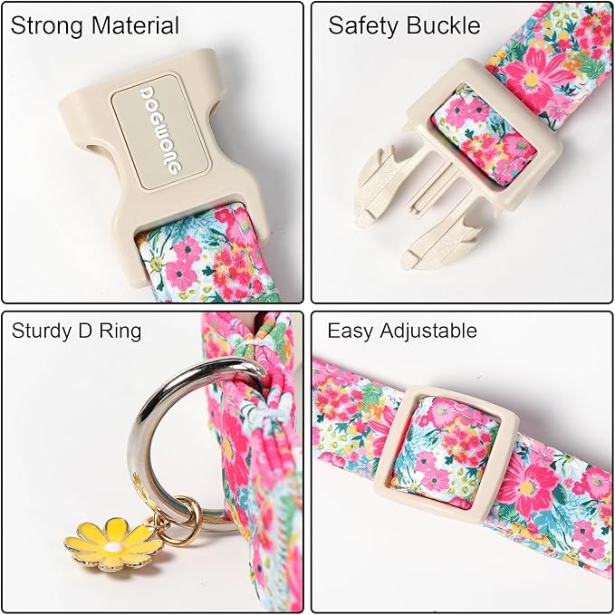 DOGWONG Spring Flower Dog Collar-Cute Floral Daisy Dog Collar, Adjustable Soft Girl Female Dog Collar for Small Medium Dogs, S