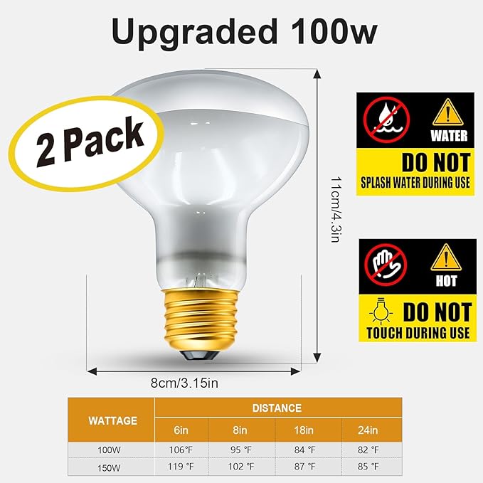 2Pack Reptile Heat Lamp, 100W Reptile Heat Emitter Basking Spot Light, UVA Daylight Heat Lamp Bulbs for Chickens Coop Reptiles Pets Brooder Use