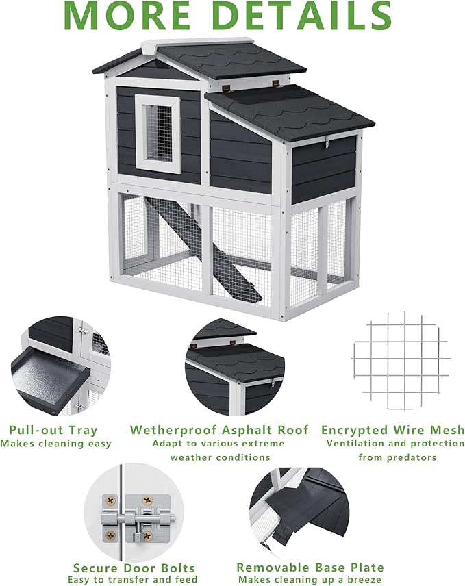 Chicken Run Coop, Wooden Duck Coop Outdoor 2-Tier Hen House All Weather Used Poultry Quail Cage Rabbit Hutch Pet Hideout with Ramp for Small Medium Animals(Grey)