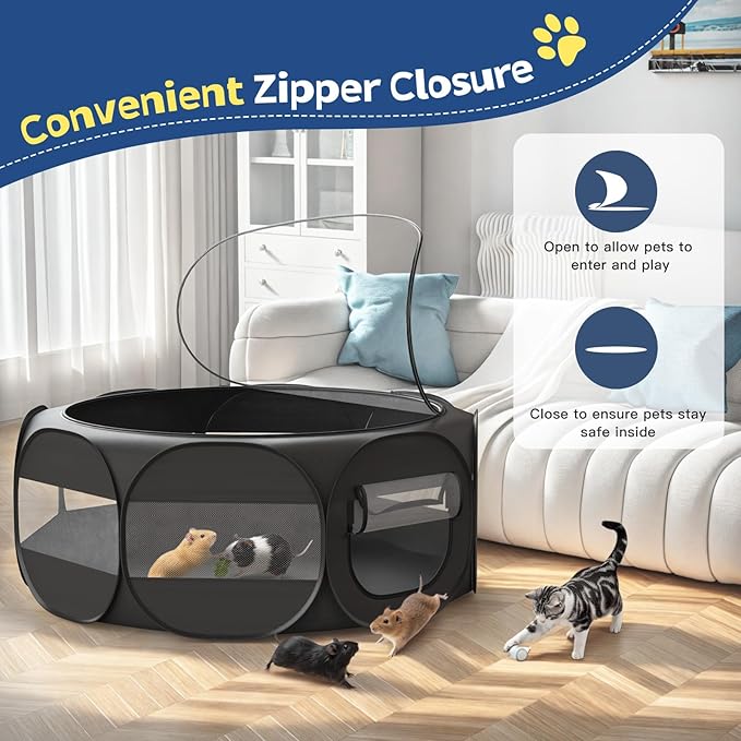 Small Animal Playpen, Chicken Brooder Box with Cover Top, Portable Outdoor Exercise Pet Cage Tent, Waterproof Breathable Pet playpen Indoor for Chick Ktiien Bunny Hamster Guinea Pig, Black