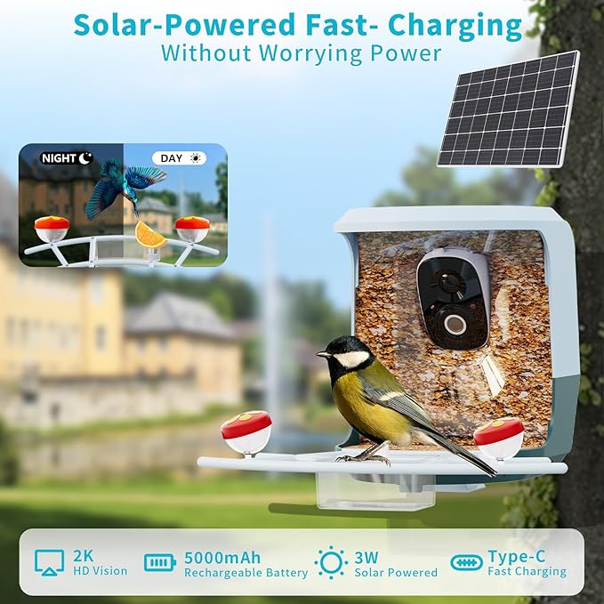 Smart Bird Feeder with Camera Solar Powered - 2K HD Video Camera AI Identify Birds, Send Real-time Notifications & Instant Arrival Alerts- Weatherproof Design,Birds Lover Gifts
