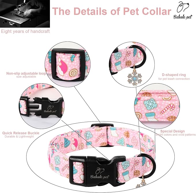 Christmas Dog Collar for Small Dogs - Cute Snowflake Print Pink Christmas Collars for Dogs, Soft Adjustable Winter Holiday Dog Collars with Quick Release Buckle S