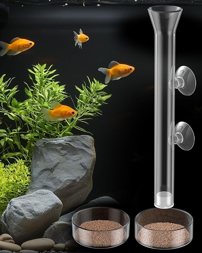 Pawfly 8 Inch Aquarium Shrimp Feeder Set, Clear Glass Tube with 2 Dishes & Suction Cups, Feeding Supplies for Fish Tanks