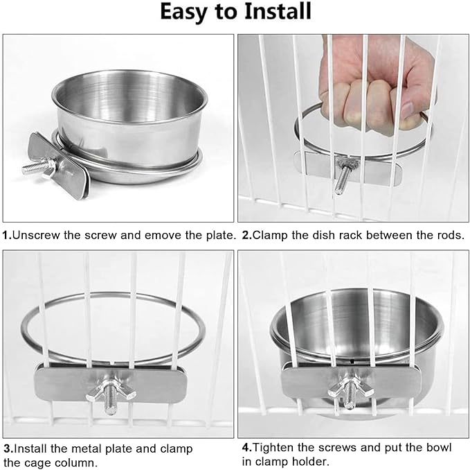 6 pcs Bird Feeding Dish Cups, Parrot Stainless Steel Food Bowl Cage Water Feeder with Clamp Holder for Parrots Cockatiel Budgies Lovebird Parakeet Feeding Cups with 6 Spoon