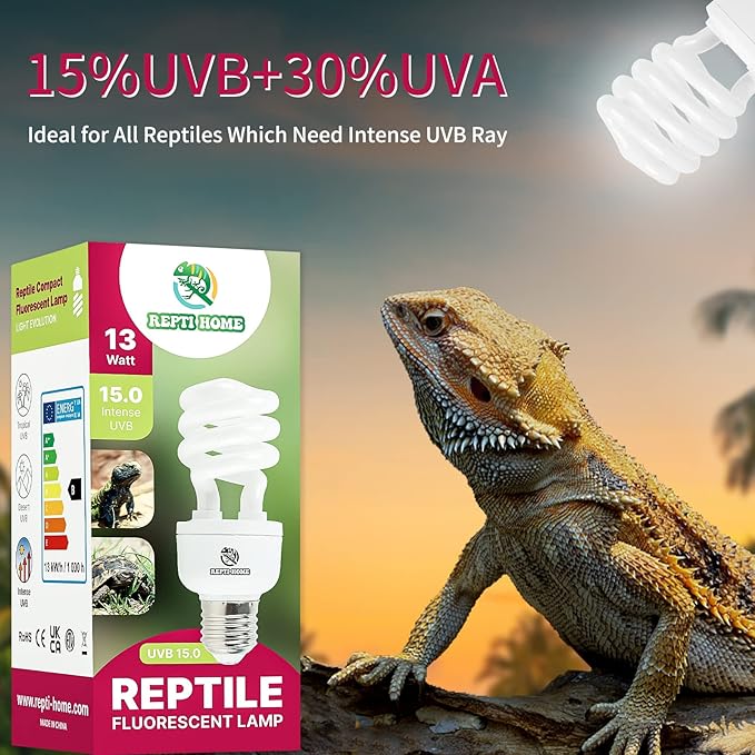 UVB Reptile Light 15.0, 13W Intense UVA UVB Bulb for Reptiles, Terrarium Compact Fluorescent Lamp, Reptile UVB Light Bulb for Desert Reptiles & Amphibians