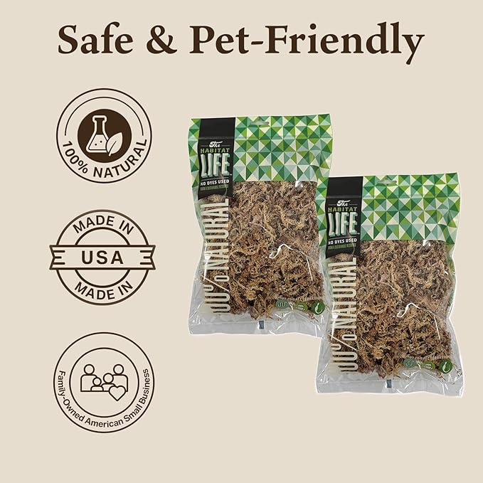 The Habitat Life - Natural Sphagnum Moss - for Reptiles, Amphibians & Invertebrates Terrariums - Humidity Control - Ideal for Burrowing & Nesting - Dye-Free & Safe - Small - 2 Pack