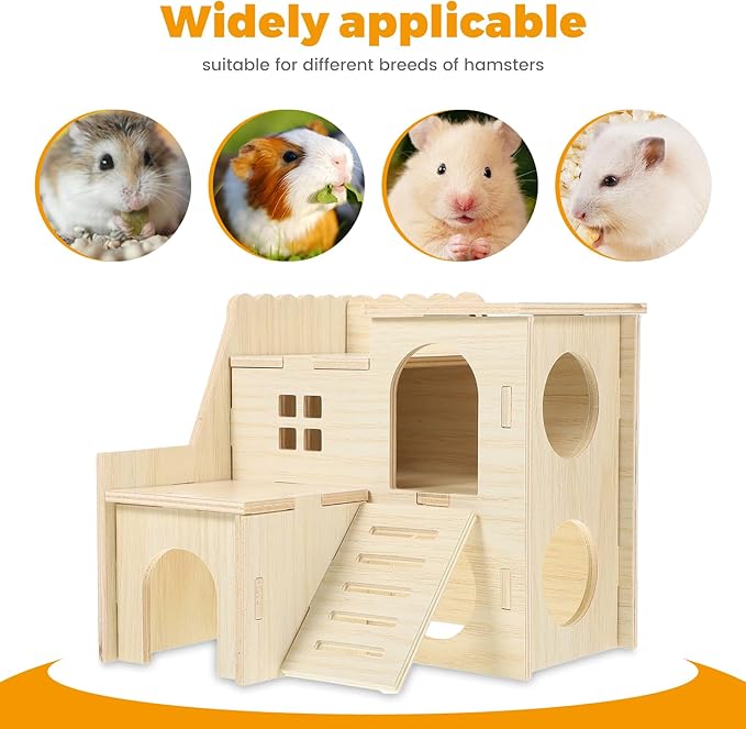 Wooden Dwarf Hamster House, Hamster Tiny House Hideout, Hamster Maze House, Large Balcony Lookout Holes, Easy to Assemble, Detachable Parts, Secure Hideaway, C