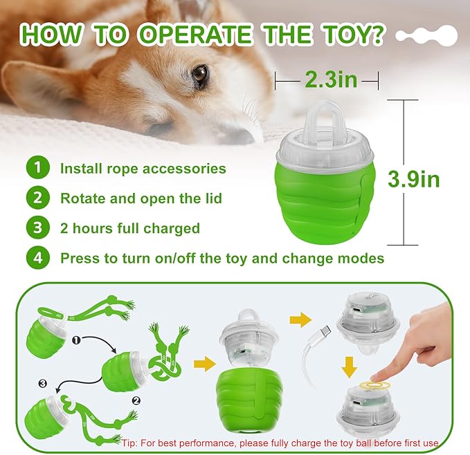 Interactive Dog Toy, [Newly Upgraded] Motion Activated Rolling Squeaky Ball for Medium/Large Dogs, Automatic Moving Dogs Ball for Boredom, USB Rechargeable(Green)