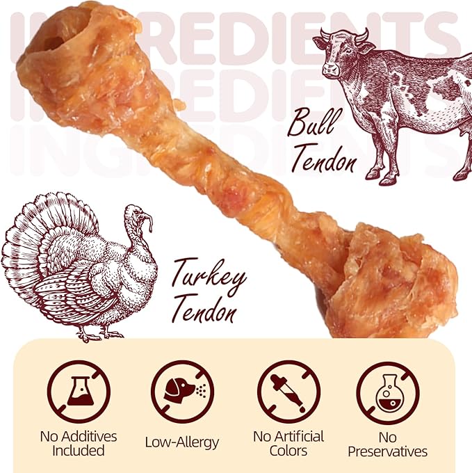 TailParty Turkey Tendons for Dogs, 5.08 oz, Large Dog Training Treats, Natural Long-Lasting Chew Snacks, High-Protein Beef Tendons, Healthy Hypoallergenic Turkey Bone(4 Units/Pack)