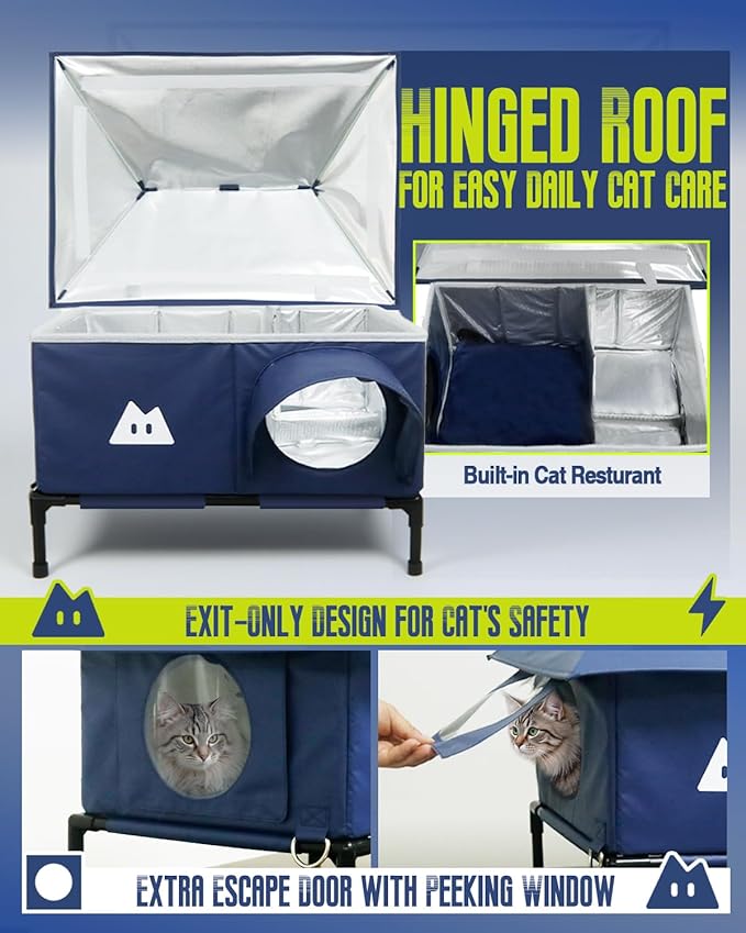 Heated Cat House for Outside Cats Winter, Large Hip Roof 100% Waterproof Outdoor Cat House, Elevated Base, Weatherproof Insulated Shelter for Stray Feral Barn Cat (Dark Blue, 20" Lx16 Wx14 H)