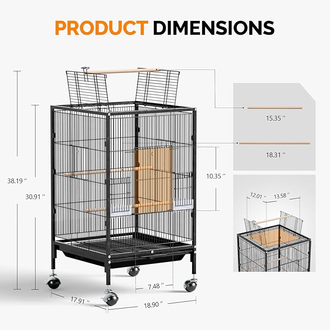 VINGLI Bird Cage with Wheels, 38-Inch Open Top Wrought Iron Bird Cage, Rolling Parakeet Cage for Cockatiels Lovebird Finches Canaries
