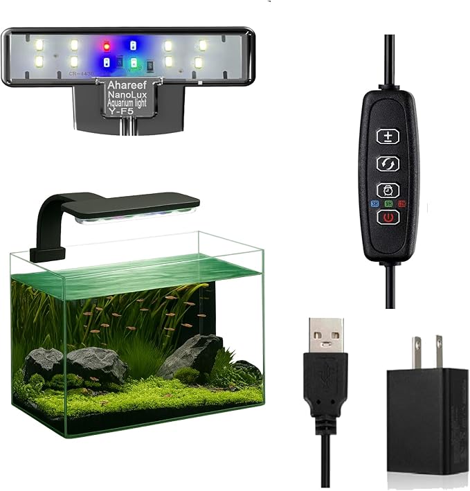 Mini Clip-On Aquarium Light 5W Full Spectrum LED Fish Nano Tank Light with Timer & Dimmer and 3 Lighting Modes for Freshwater Plants & Tropical Fish Ideal for 4–14 Inch Tanks (1-5 Gallons)