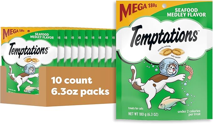 Temptations Classic Crunchy and Soft Cat Treats, Seafood Medley Flavor, 6.3 oz. Pouch (Pack of 10)