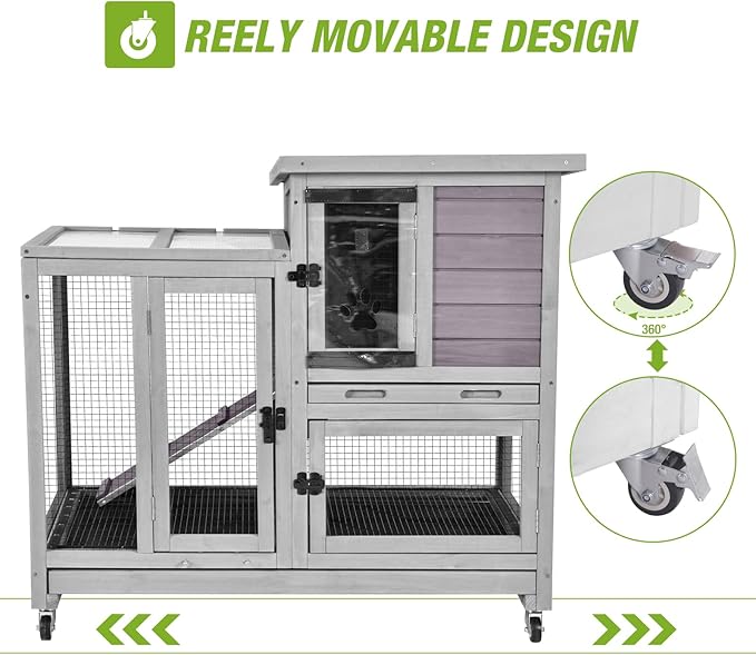 GUTINNEEN 2-Story Rabbit Hutch Bunny Cage with Chew-Proof Ramp & Pull-Out Trays - Indoor/Outdoor 40.6" Wooden Rabbit Cage on Wheels for Rabbits, Guinea Pigs