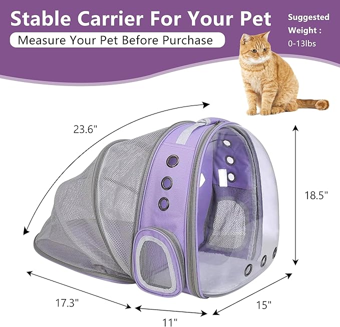 Cat Backpack Carrier Back Expandable Bubble Pet Carrier Backpack for Large Cat, Kitten and Dog, Designed for Hiking, Travelling and Outdoor Use (Back Expandable-Purple)