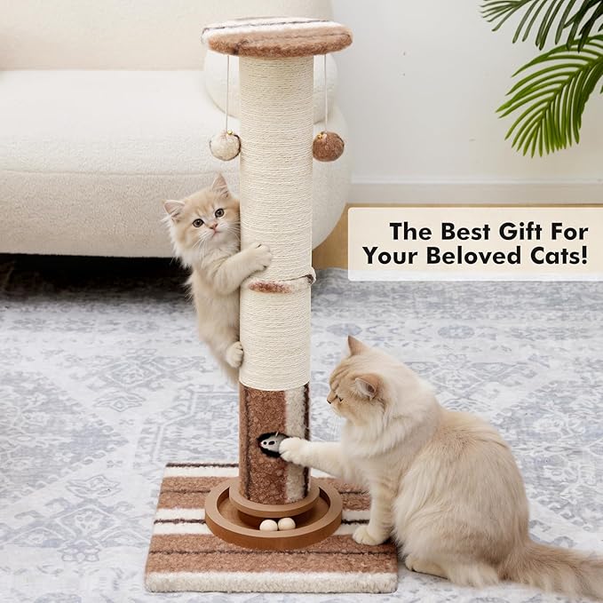34inches Tall Cat Scratching Post with Cat Ball Track Toy Heavy Duty and Thicker Large Diameter Natural Sisal Cat Scratcher Post for Large Cats and Small Cats Protect Your Furniture