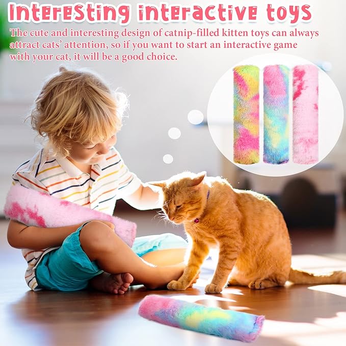 Civaner 6 Pcs Cat Catnip Toys for Indoor Cat 10.6 Inch Kitten Kicker Stick Catnip Toy with Crinkle Sound Inside Interactive Soft Plush Kitten Pillow for Chase Chew Exercise (Candy, Pink, Blue, Yellow)