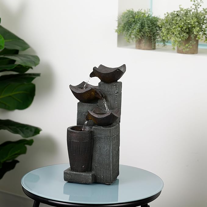Alpine Corporation TZL414 14" 4 Tier Squared Bowls Fountain with LED Lights, Elegant Tabletop Water Feature for Home, Office, Living Room, Bedroom & Desk Decor, Gray