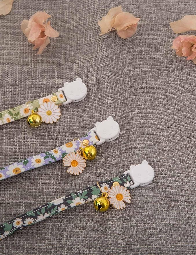 Cat Collar Breakaway with Bells,3 Pack Safety Adjustable Pet Collars,Ideal for Girl Boy Kittens. (Green Black Blue Daisy)