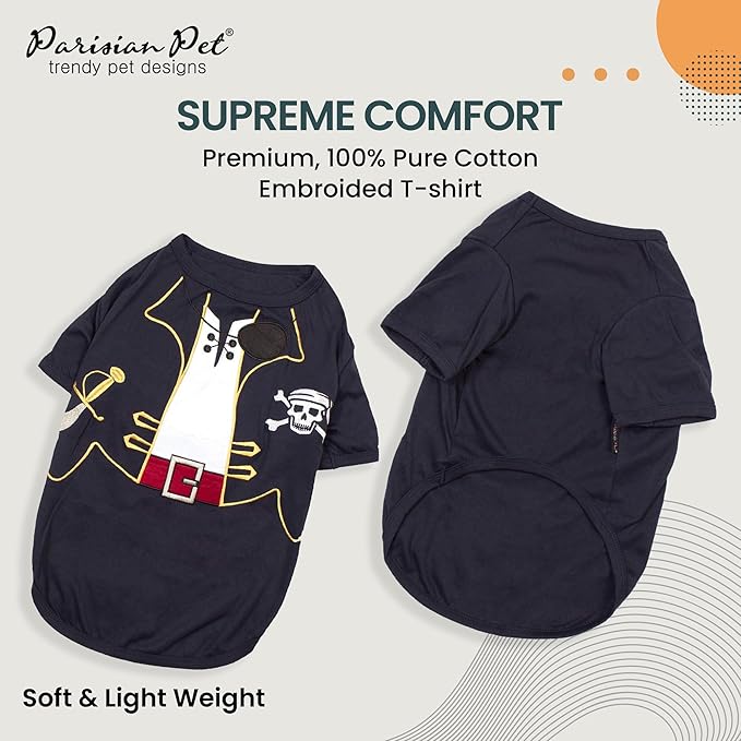 Parisian Pet Captain Sparrow Dog Shirt - Embrroided Dog Pirate Costume - 100% Cotton & Polyester Dog Pirate Captain Shirt - Sleeved Dog Clothes - Black Dog Shirts for Medium Dogs - Pet Costumes - M
