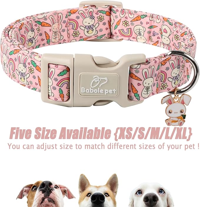 Easter Dog Collar for Small Dogs - Pink Girly Bunny Dog Collars, Cute Girl Dogs Easter Collar, Adjustable Female Spring Holiday Pet Collars with Quick Release Buckle XS